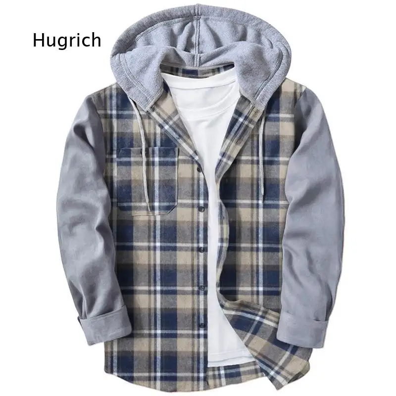 Men's Hooded Plaid Shirt Jacket Casual Button Down Long Sleeve Outerwear With Drawstring Hood Loose Fit Coat