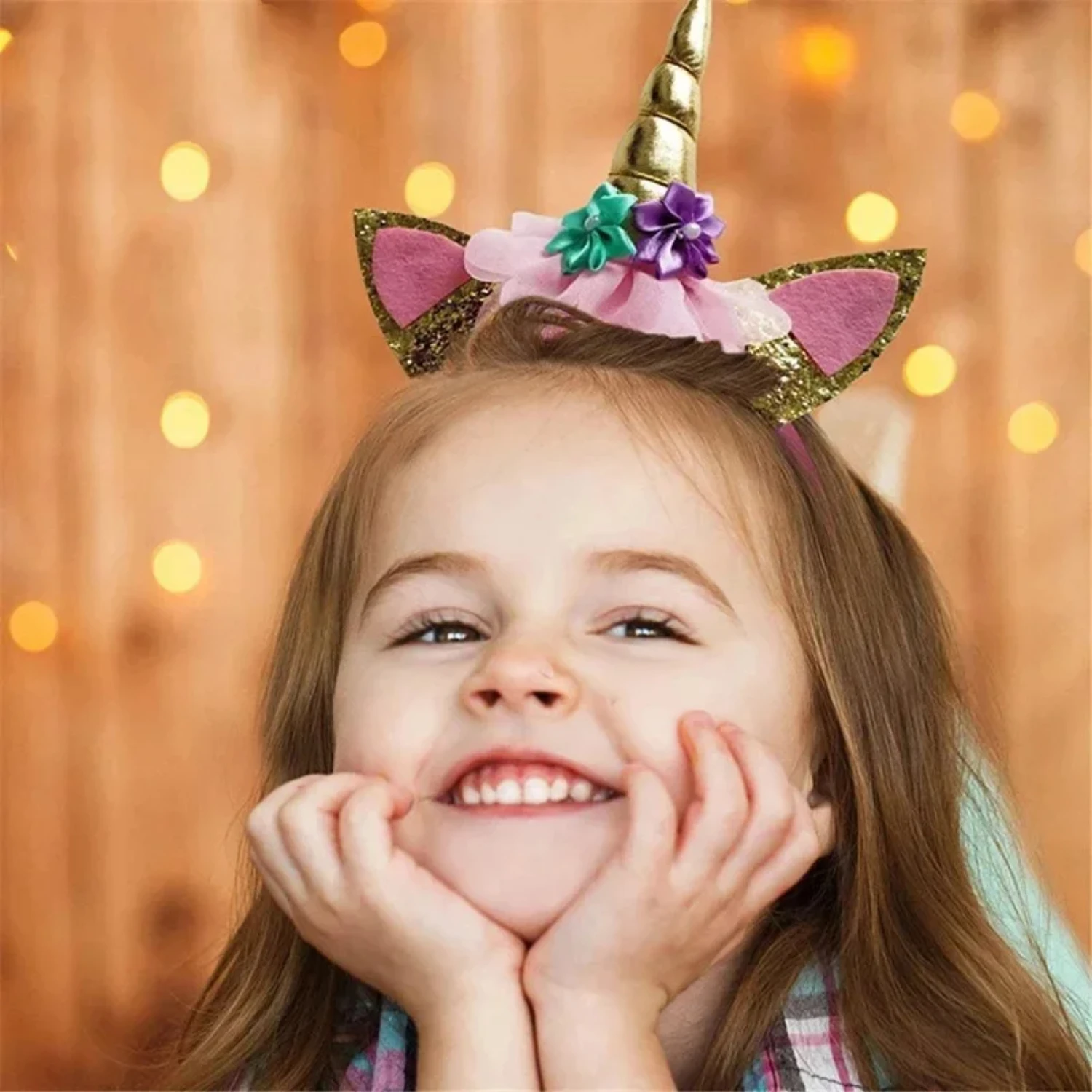 

1pc Golden Glitter Unicorn Headband and Pink Satin Sash Set - Perfectfor Girls" Birthday Party Supplies and Decorations