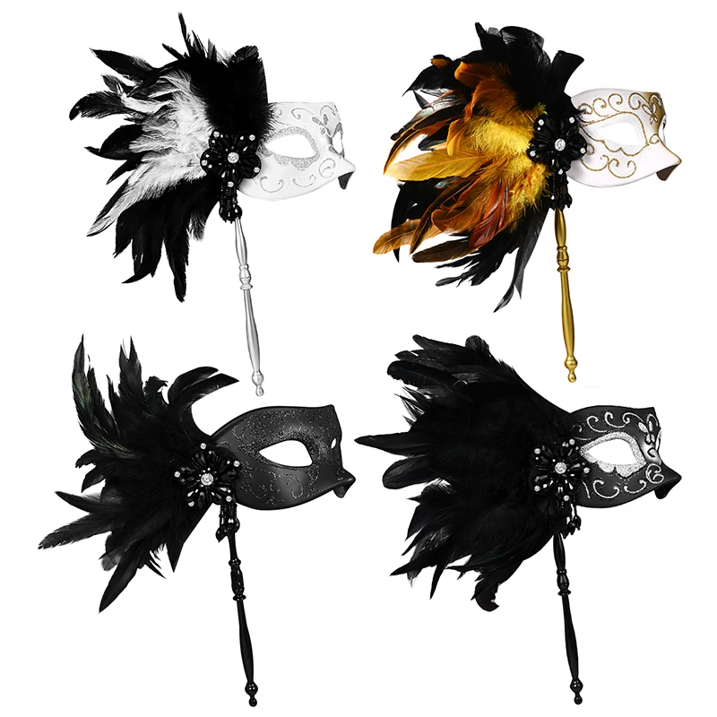 Feathered Masquerade Mask with Handle for Women Venice Halloween Costume Accessory Black Carnival Party Dance Event Mask