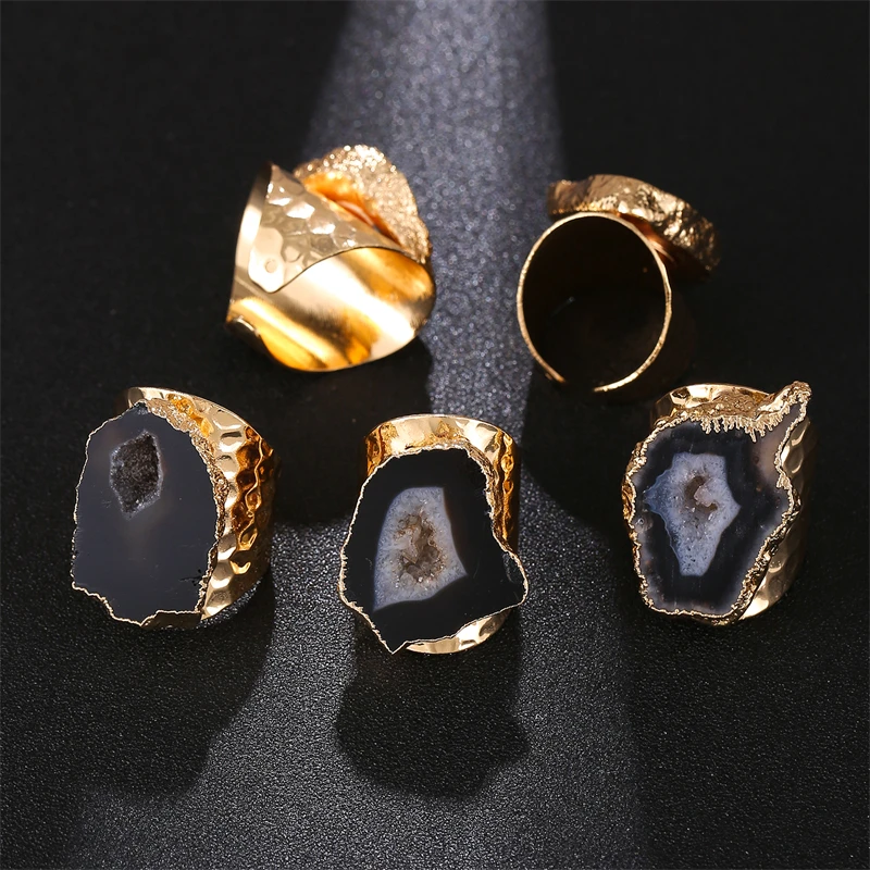 Irregular Geode Stone Agate Slices Wide Open Ring for Women Boho Resizable Finger Jewelry