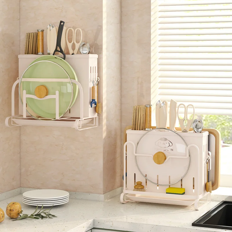 Kitchen knife holder, shelf, multi-functional kitchen knife, chopsticks, drain rack, wall-mounted cutting board, lid storage