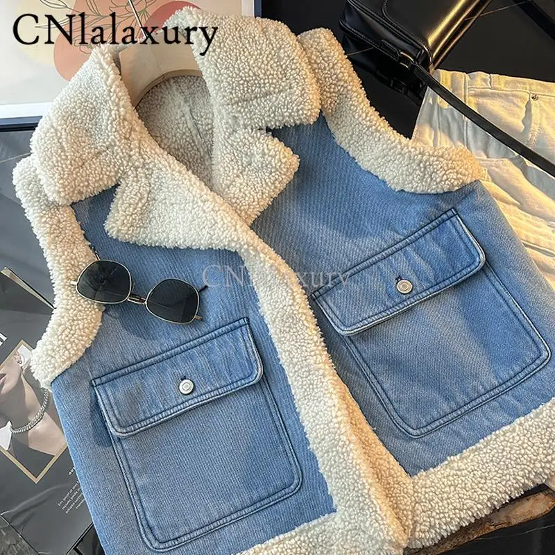 CNlalaxury 2024 Autumn Winter Women New Simplicity Lapel Sleeveless Cowboy Vest Pocket Design Button Cardigan Outwear Versatile