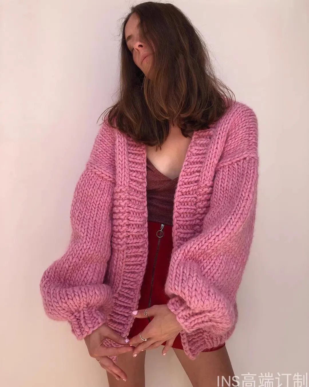 Celebrity Lin Yun's Handwoven Loose Lazy Cardigan Jacket Women's Knitted Sweater Jacket Bubble Pink Pure Wool Warm