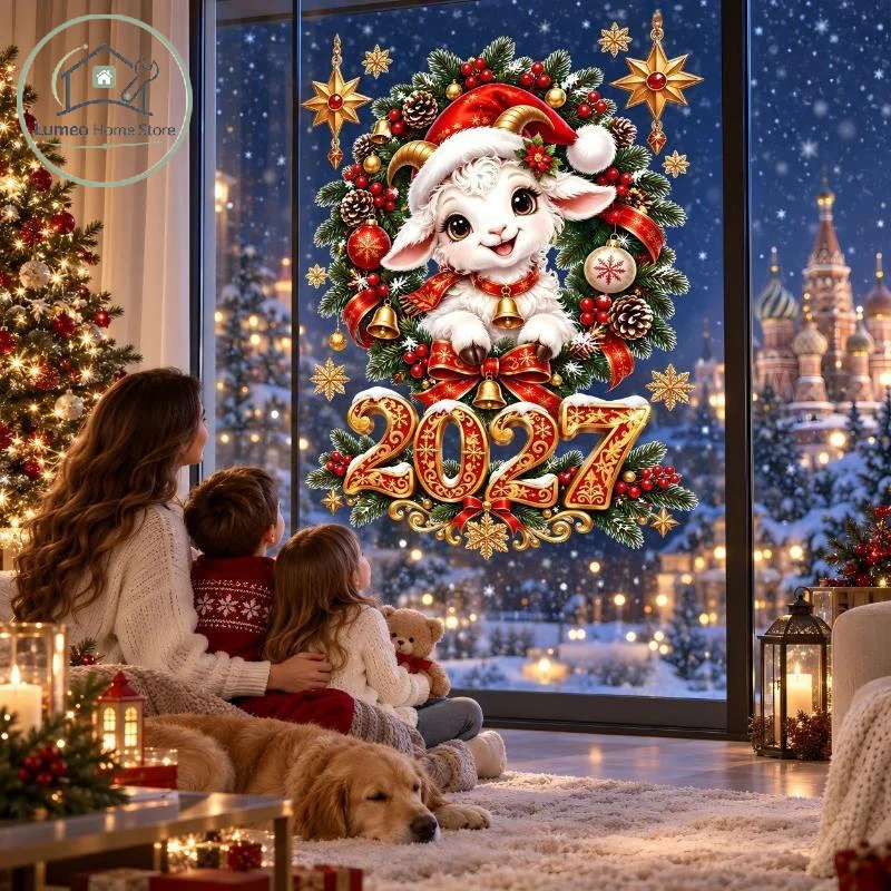 2027 Happy Christmas Window Stickers Creative Sheep Pattern Removable Decals for Cafe Bakery Xmas Window Decor