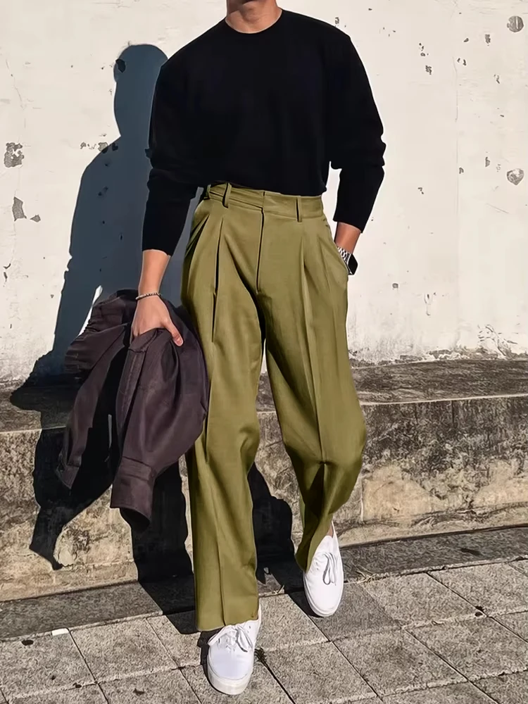 Streetwear Fashion Mens Suit Pants 2025 Spring Summer Casual Loose Straight Trousers Men Vintage Solid Belt-up High Waist Pants