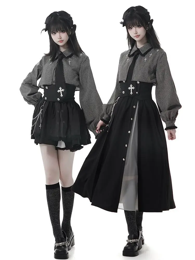 2025 New Japanese Gothic Sweet Girl Long Sleeve Loose Striped Shirt + Vintage Cross Decoration Asymmetric Long Skirt Set Women's
