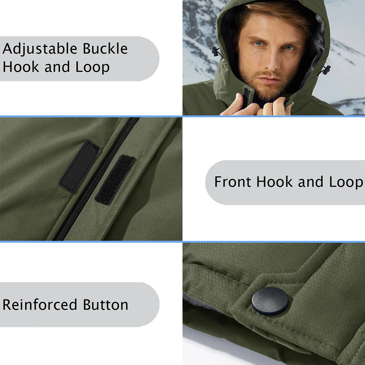 Herren-Winterjacke aus wasserdichtem Fleece, warm, winddicht, mit Kapuze, für Ski, Snowboard, Wandern, Outdoor, Parka-Mantel, mit mehreren Taschen – Detail 8