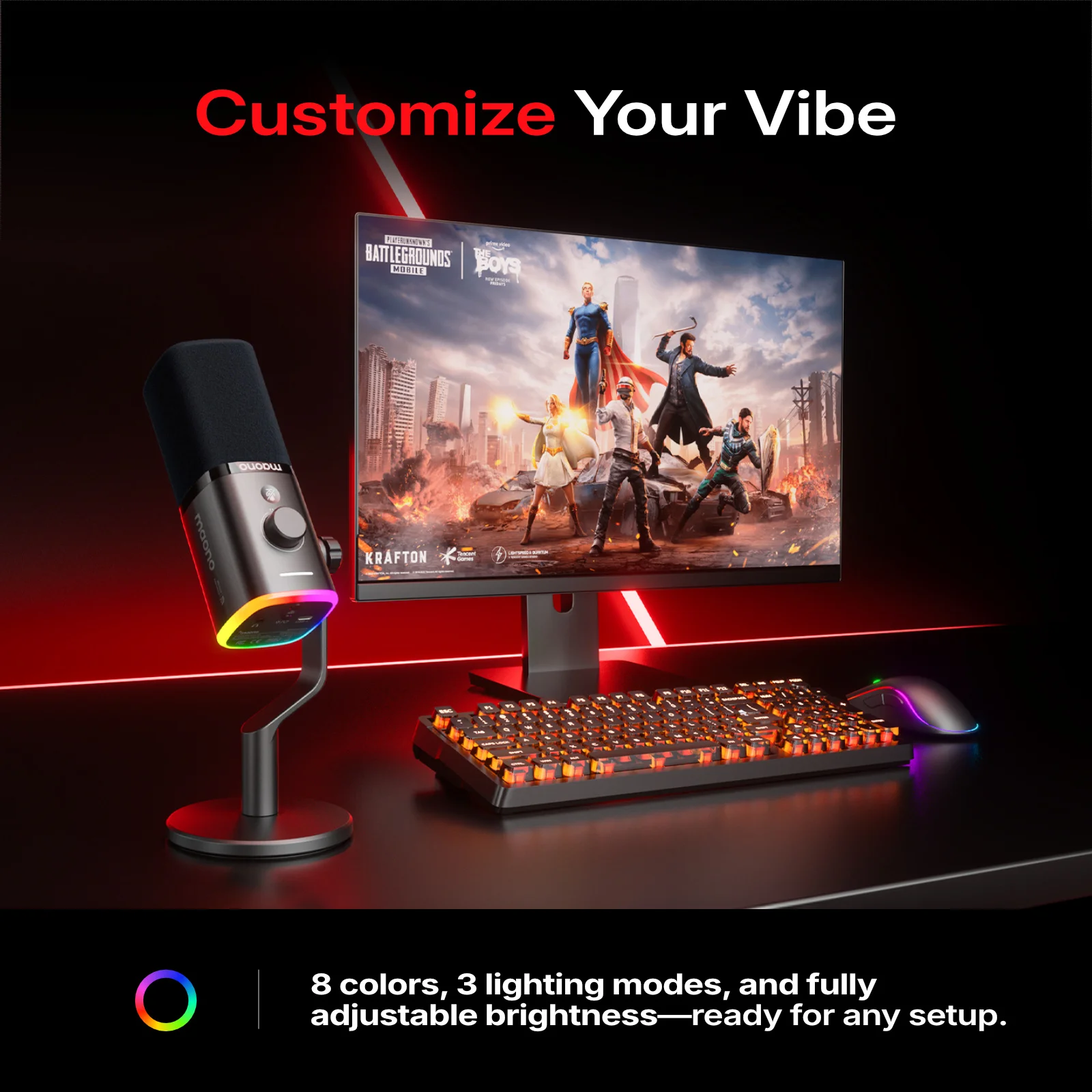 MAONO PD100W 무선 USB 다이나믹 마이크 카디오이드 마이크 원터치 음소거 소음 감소 RGB PC 게임용 라이브 스트리밍