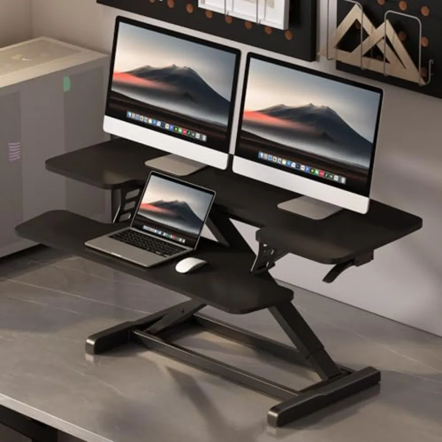Standing Desk Converter for home office use, aluminum alloy construction, matte black finish, extra-large 32-inch desktop with