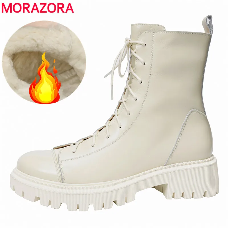 MORAZORA 100% Nature Wool Snow Boots Winter Genuine Leather boots Lace Up Warm Fashion Comfortable Ladies Ankle Boots For Women