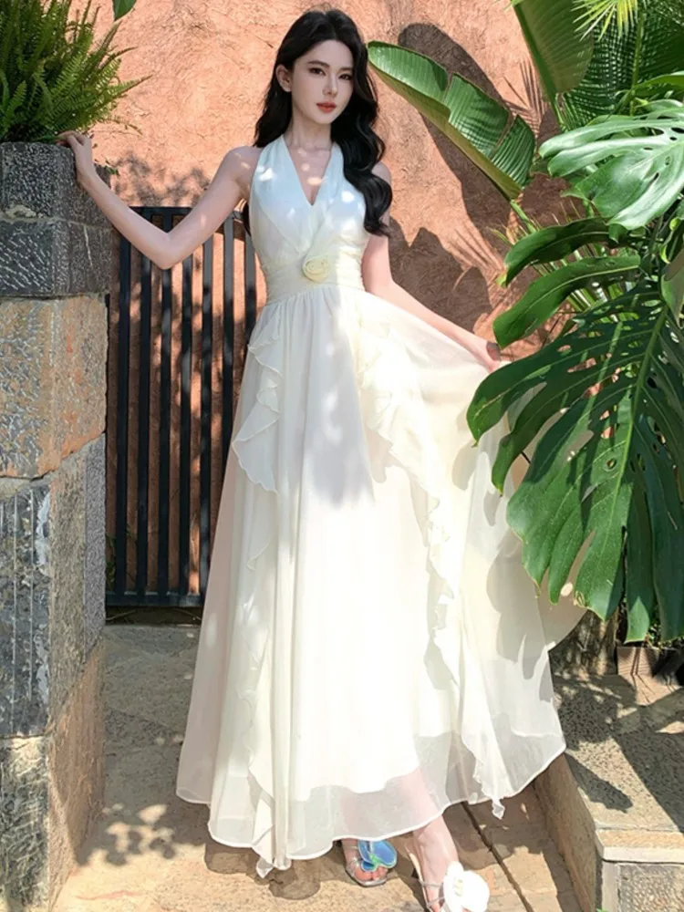 

Women Chic Ruffled Floral Asymmtetrical Long Dress Elegant Neck-mounted Sexy Dresses Holiday Korean Fashion Casual Party Vestido
