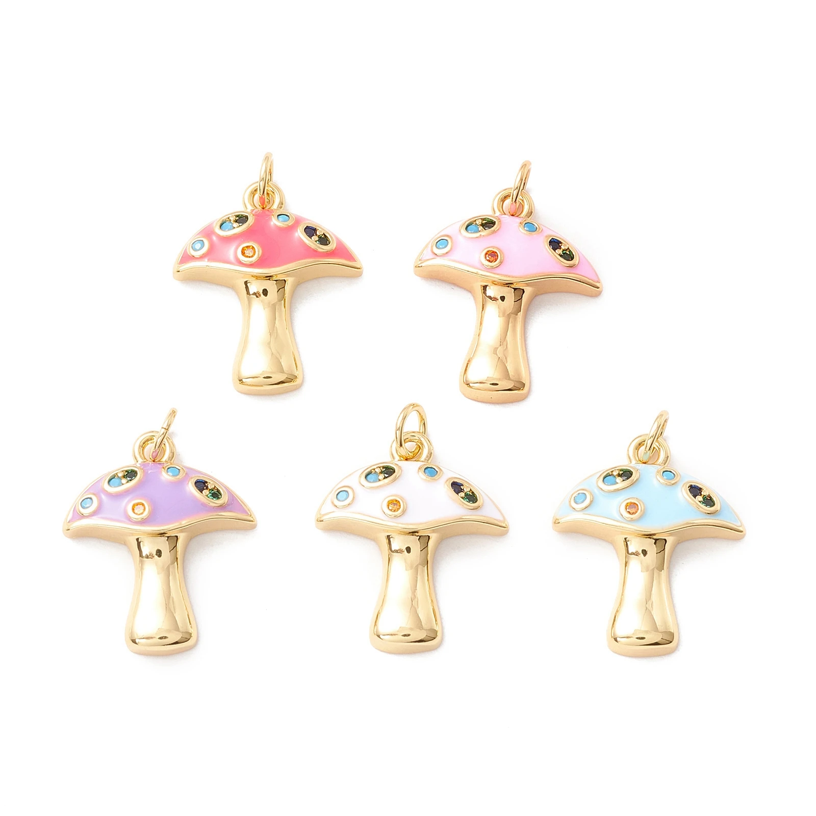 Pandahall 10Pcs Mixed Color Mushroom Autumn Theme Rack Plating Brass Micro Pave Cubic Zirconia Pendants For Jewelry Making Gift