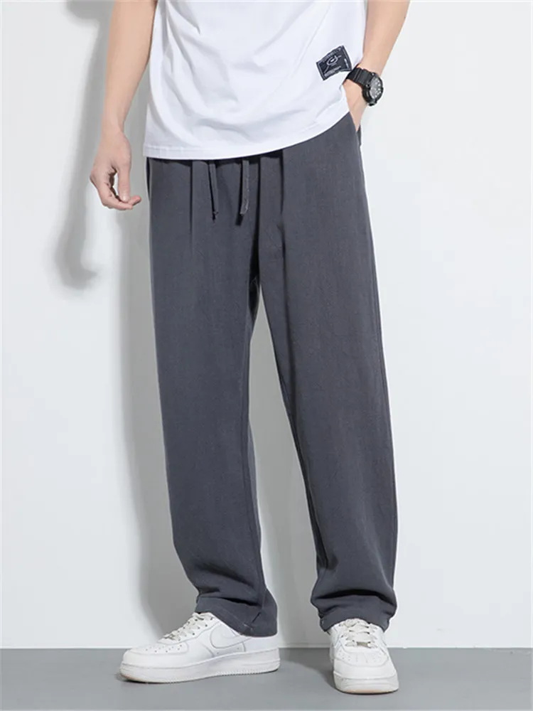 

Летние тонкие хлопковые льняные брюки с широкими штанинами для мужчин, свободного кроя, прямые, повседневные, с эластичным поясом, охлаждающие