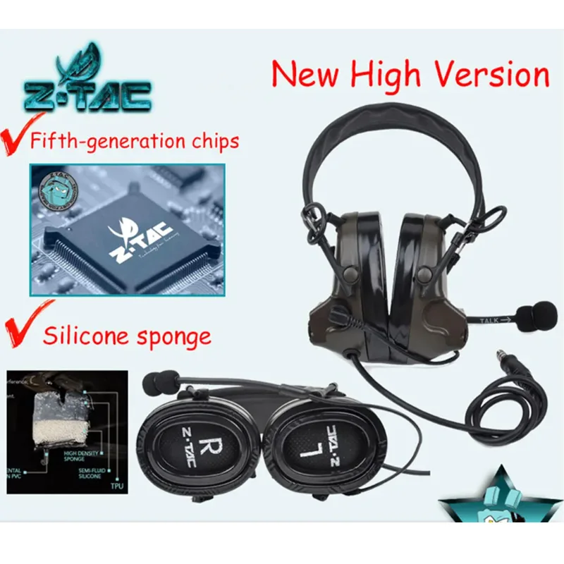 Z-TAC Tactical Headphones Comta II Microphone Silicone Earmuffs Active Pickup Noise Canceling Airsoft Headset for Shooting C2