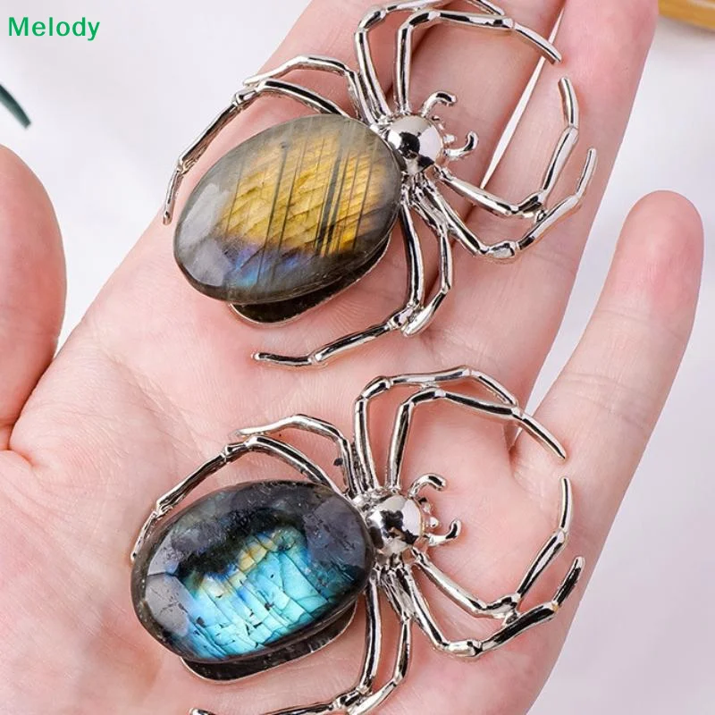♥Labradorite Spider Figurine-Silver Tone Metal Spider Ornament with Natural Flash Labradorite Stone for Home & Office Decor