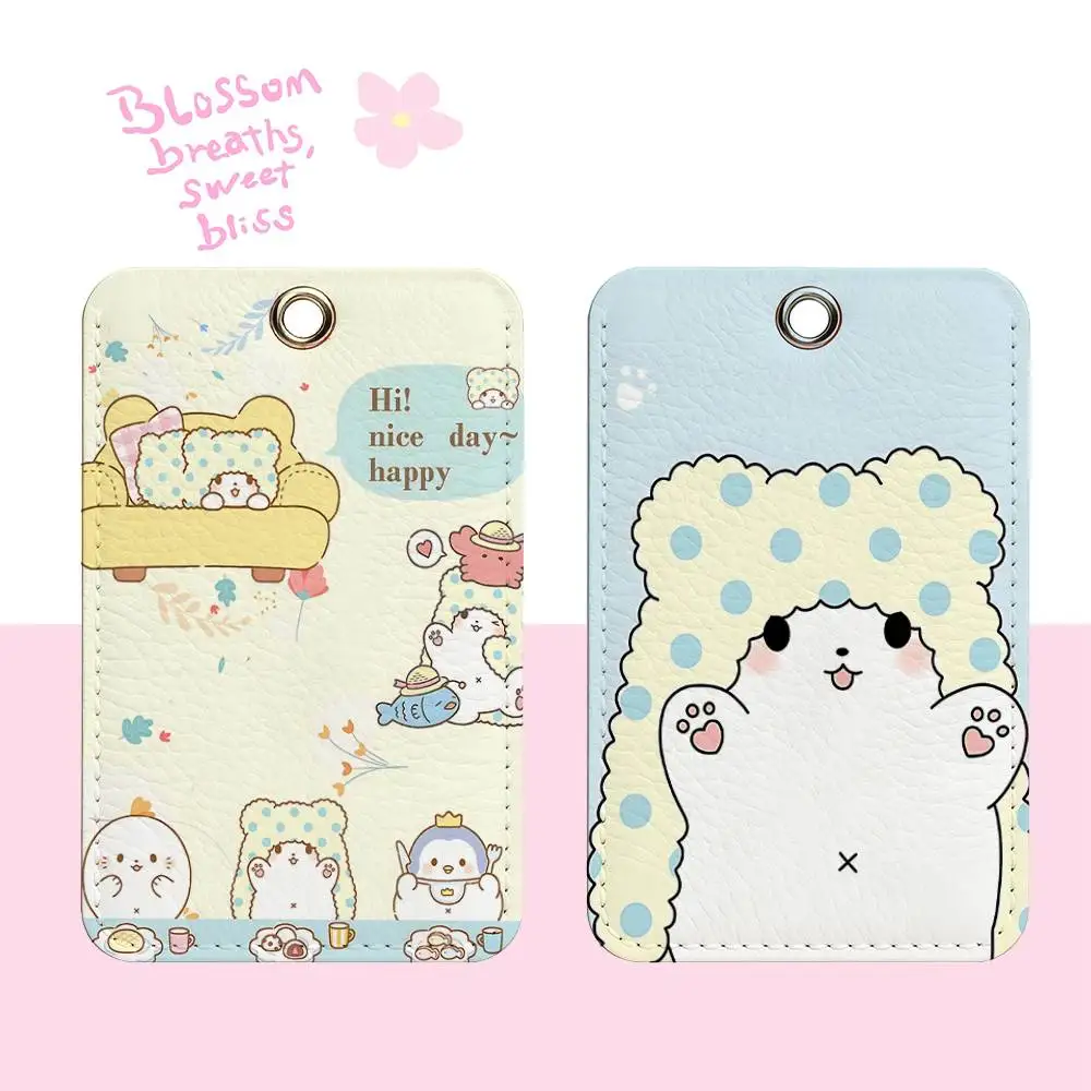 Cute M-Marumofubiyori Rectangle ID Card Case Keychain Access Card Bag Key Tag Ring Leather Card Holder Key Ring Access