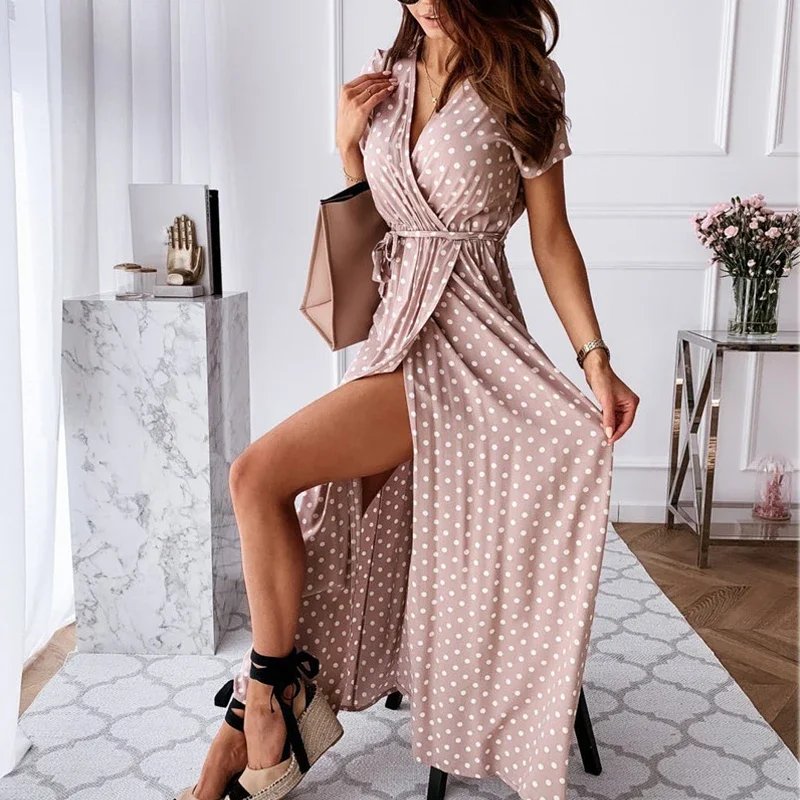 

Summer Vacation Boho Dress 2024 Women Polka Dot Dresses Sexy Women Cottagecore Casual Long Dresses Split Beach Vestido De Mujer