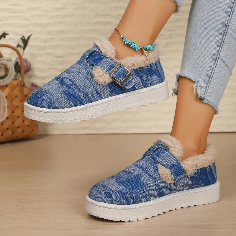 

Fashion Denim Furry Snow Boots Women 2025 Winter Comfort Soft Sole Non Slip Boots Warm Short Plush Ankle Boots Plush Size 43
