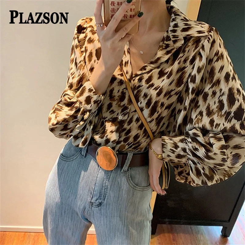 PLAZSON Fashion Casual Button-up Blouse Women Autumn Vintage Leopard Print Loose Clothes Lapel Ladies Tops Casual Oversize Shirt