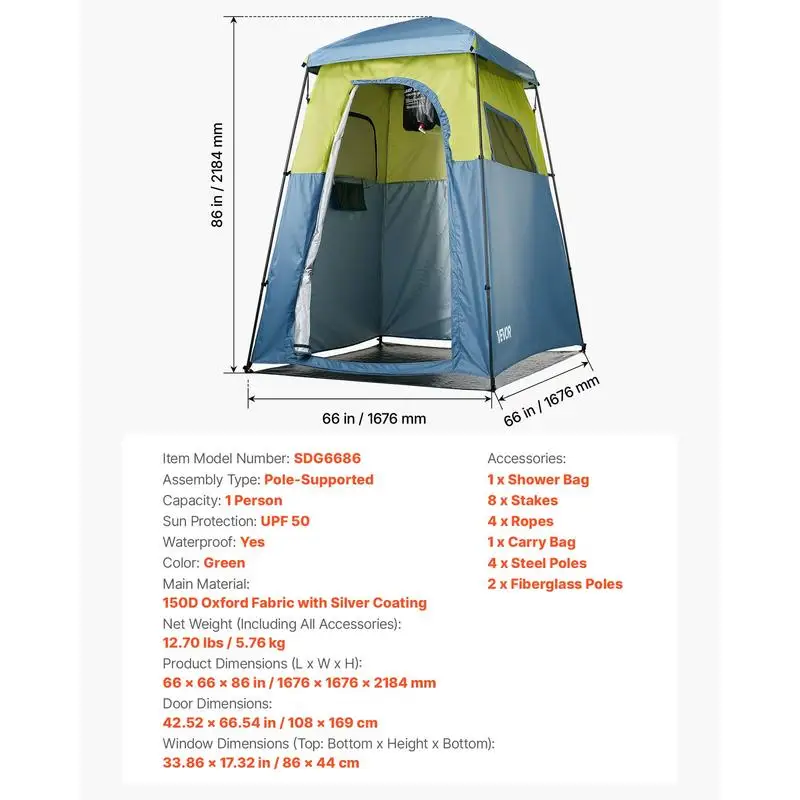 Tente de douche de camping, 1 pièce, tente de privacité portable avec sac de douche, piquets de sol, cordes, sac de transport et poteaux de support, tissu Oxford 150D avec revêtement argenté, pour le camping, la pêche
