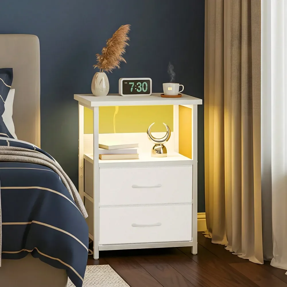 

Modern Smart Nightstand With Charging Station LED Light USB Ports, Outlets 2 PU Fabric Drawers For A ClutterFree Bedside, For B