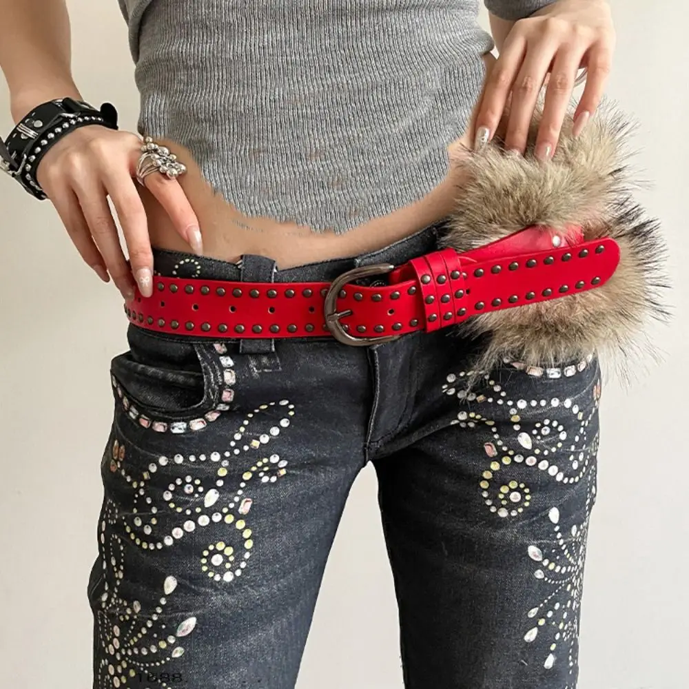 개성있는 리벳 가죽 퍼 벨트 웨스턴 스타일 인조 퍼 Y2K 허리띠 펑크 청바지 장식 플러시 벨트 스파이시 걸