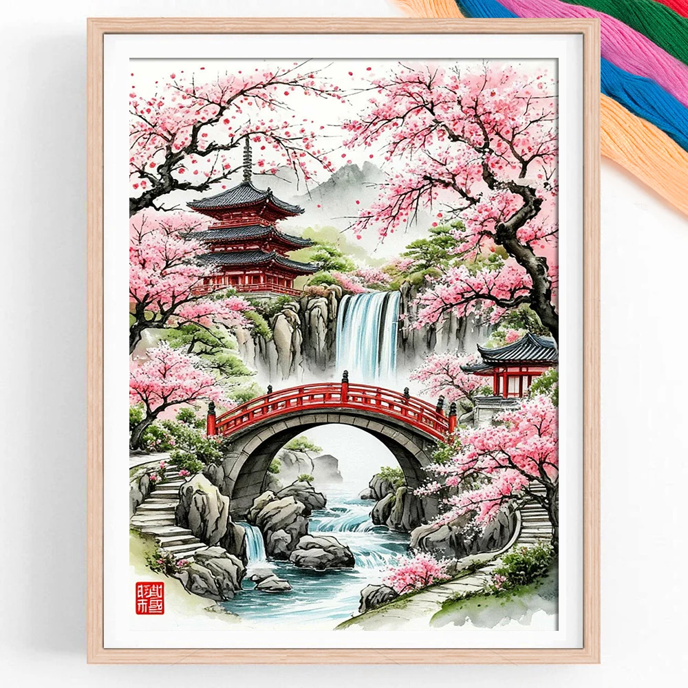 1pc 11ct Cross Stitch Starter Kit Diy Embroidery Sakura Waterfall Red Bridge Landscape Home Office Wall Decor Gift