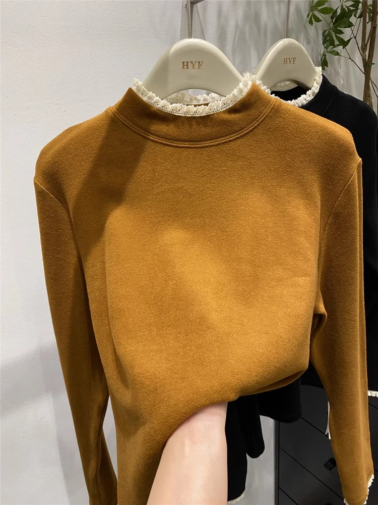 

Lace Patchwork Long Sve Women's T-irt Loose Fit High Ne Korean Sle Knitted Top Trendy Base Layer irt Autumn Winter...