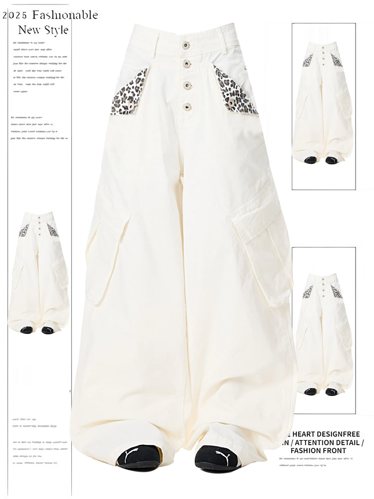 

Retro American Leopard Print Patchwork Button White Work Pants Women's Autumn Winter Loose Drape Straight Leg Wide Leg Casual...