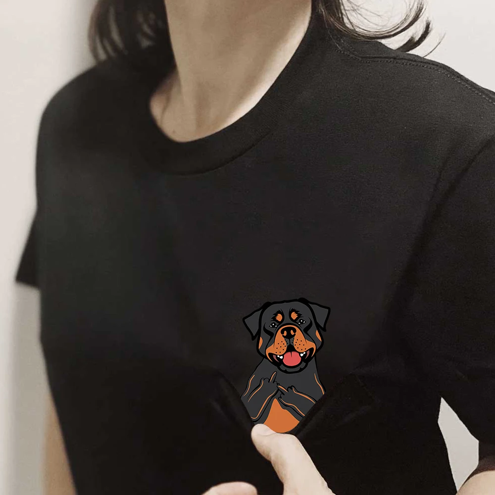 CLOOCL Funny Dogs Middle Finger Pocket T-Shirts Animals Stickers Printed Cotton Tees Gift for Lovers of Rottweilers