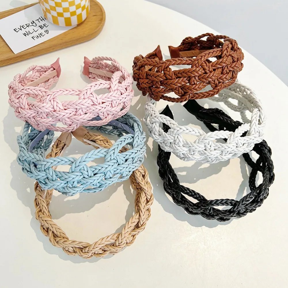 

Wide Side PU Leather Weave Hairband Headwear Solid Color Braid Headband Geometric Hollowed Out Weave Style Hair Hoop