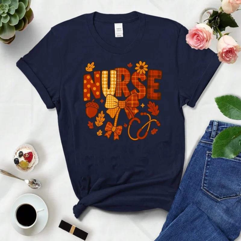 Nurse Acorn Stethoscope Houndstooth Print Short sleeve t-shirt Halloween women's clothing Colorful top Tee Best gift for Women