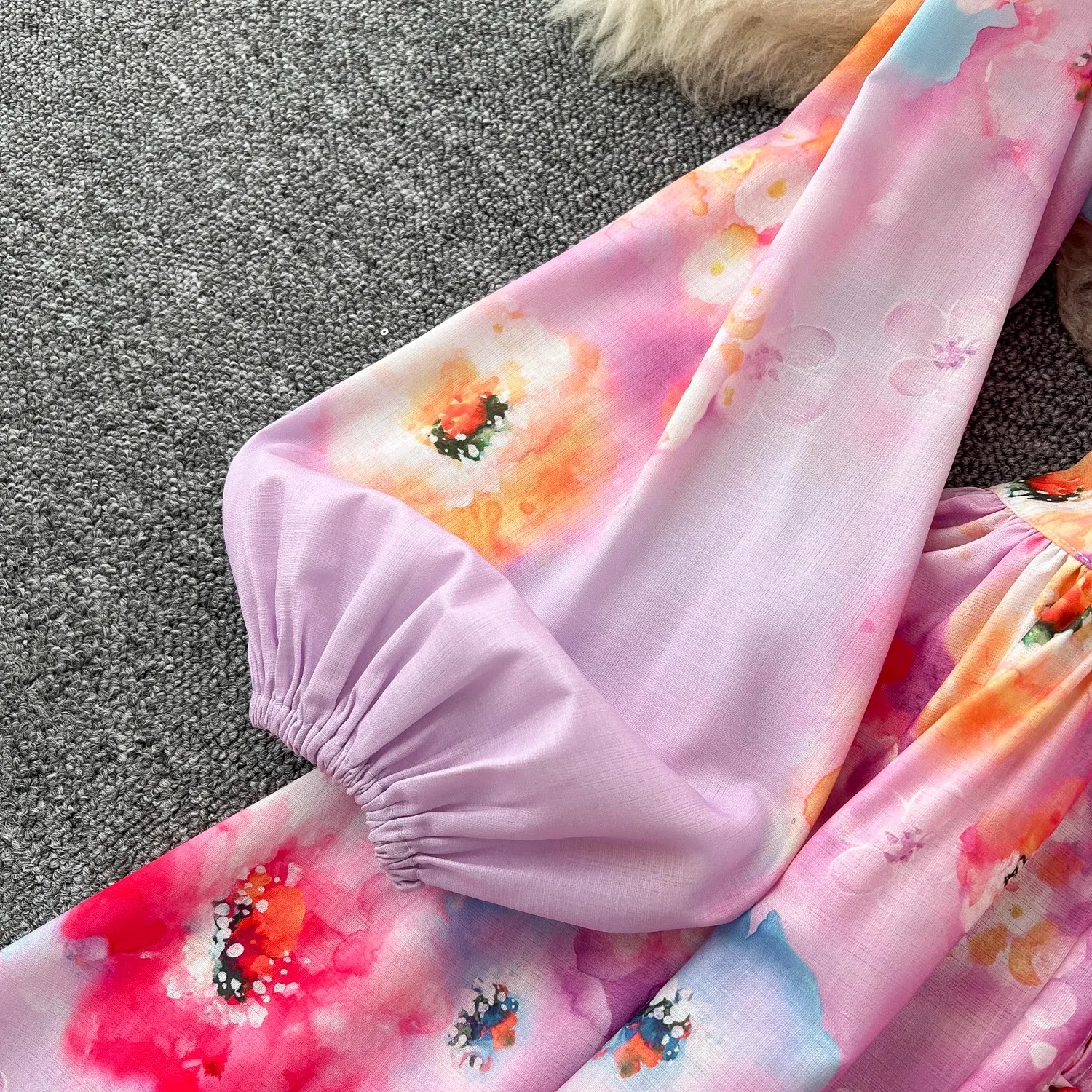 Nova primavera verão floral férias maxi vestido feminino sexy decote em v manga longa puff rendas guarnições bordado robe vestidos