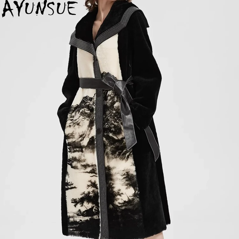 

AYUNSUE Real Fur Coats Long Style Natural Sheepskin Fur Coat Women Winter Clothes Belt Genuine Leather Jacket Woman Print 2025