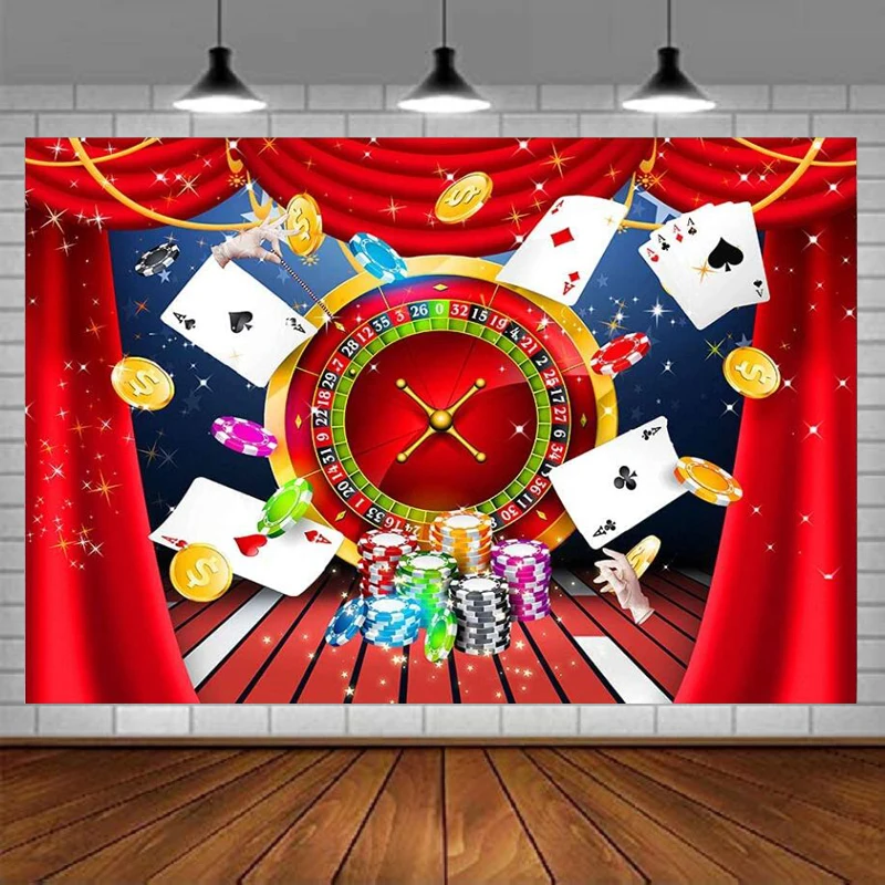 Red And Gold Photography Backdrop las Vegas Casino Party Poker Night Roulette Wheel Cards Games Chips Gold Coins Background