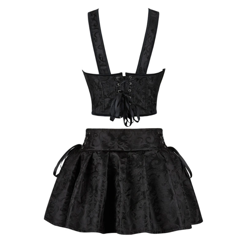 Elegant Black Jacquard Vintage Corset Shapewear Bustier Top and Pleated Skirt Set For Women For Parties And Nightclub