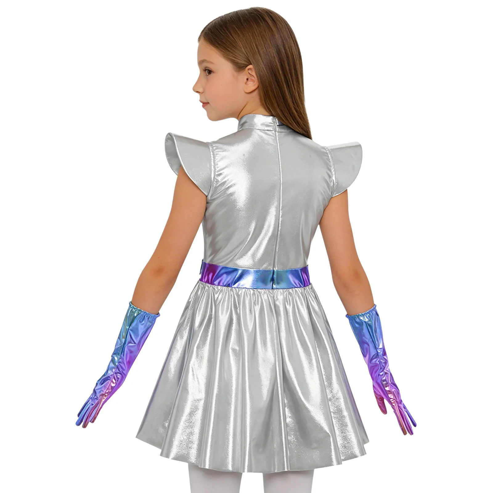 Kids Girls Alien Cosplay Costume Hollow Out Flying Sleeve Metallic A Line Dress with Gloves for Halloween Robot Outerspace Party view 2