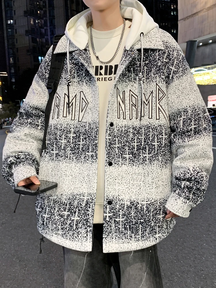 2025 Autumn Winter New Green Gradient Print Men's Jacket Gray Fleece Lined Thickened Fake Two-Piece Hooded Cotton Coat