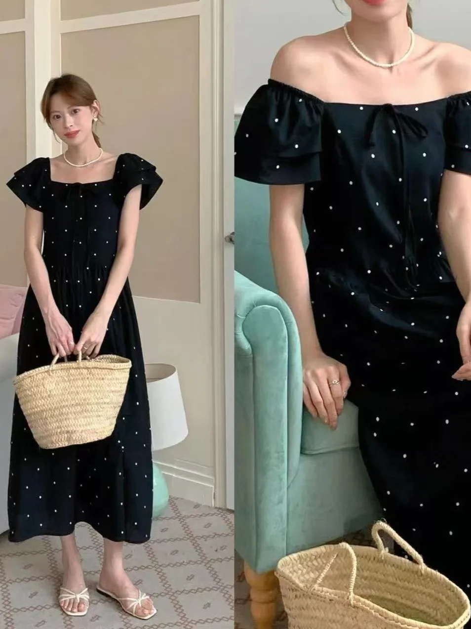 Letnia, nowa, elegancka sukienka w grochy, z jednym ramiączkiem, długa spódnica damska, do pracy, o regularnym kroju, średniej długości, miękka.