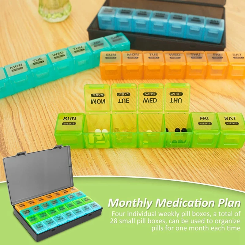 Monthly Pill Organizer 1 Time A Day, With 28 Compartments 4 Weeks Pill Dispenser Box With Flip Lids,Organizer Box Daily