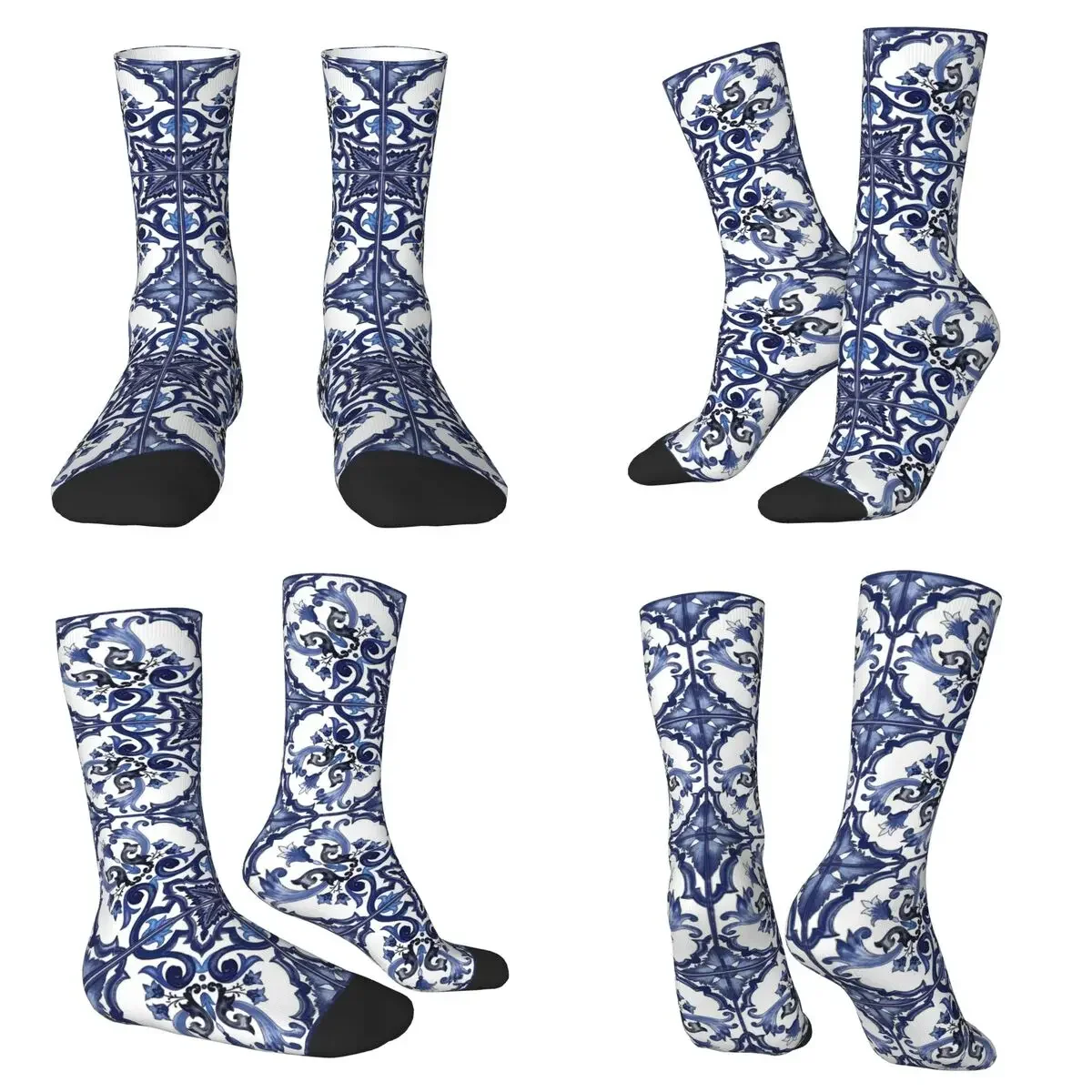 

Синие узорчатые носки с цветочным узором в средиземноморском сицилийском стиле, высококачественные носки в стиле Харадзюку, всесезонные длинные носки унисекс, подарки на каждый день