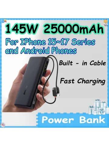 Внешний аккумулятор 145 Вт 25000 мАч с быстрой зарядкой для iPhone серий 15-17 и телефонов Android со встроенным кабелем