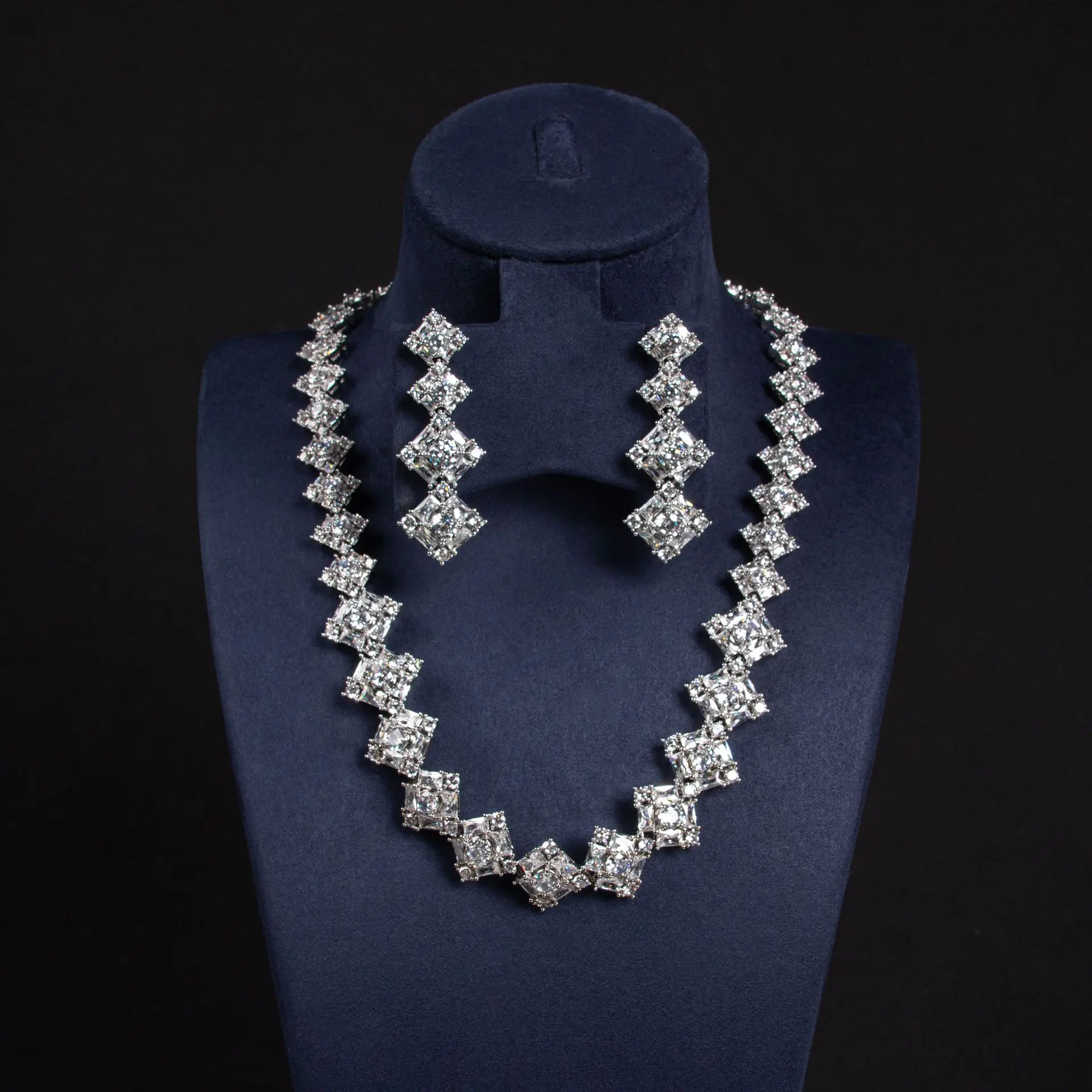 

2 Pcs Temperament Square Jewellery Accessories Cubic Zirconia Women Necklace Earrings Set Summer Banquet Dress Dating M-93