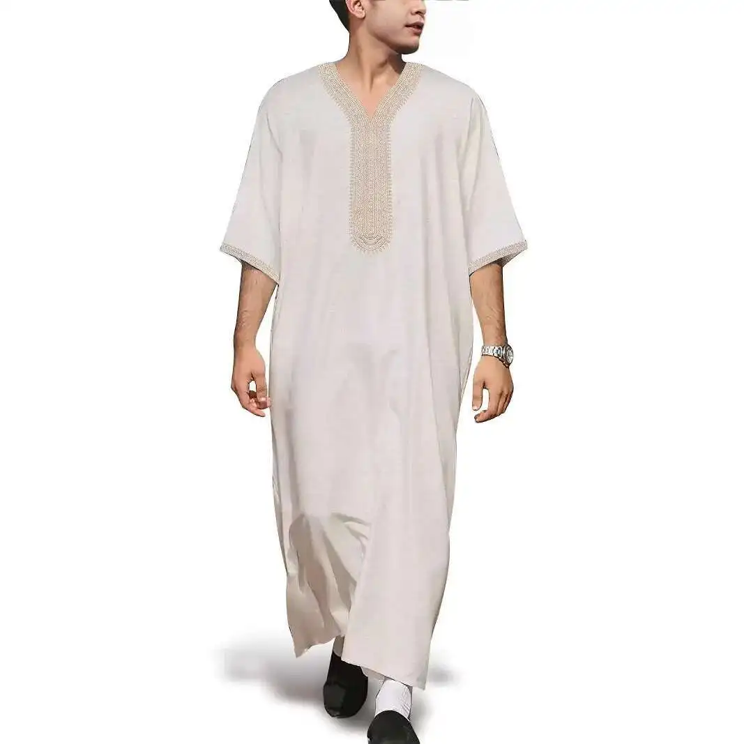 

2025 New High-end Embroidered Thobe Men's Clothing Muslim Mid-sleeve Linen Robe with Pockets Ramadan Dubai Luxury Islam Elegant