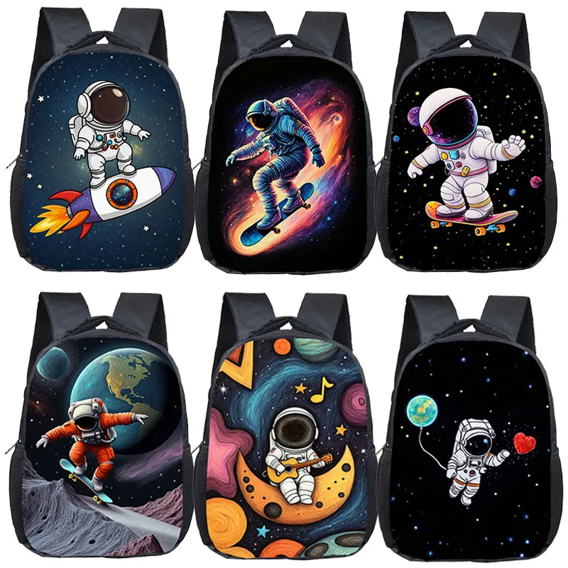 

12 Inch Astronaut Rocket Skateboard Guitar in Space Backpack for 2-4 Years Old Kids Schoolbags Bookbag Kindergarten Toddler Bag