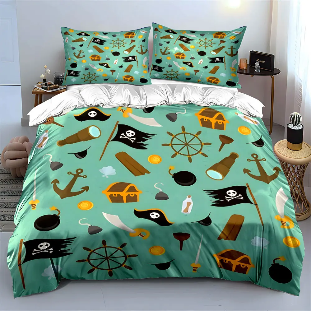 Pirate Theme Decorations Set Soft Skin-Friendly Bedding Set Includes 1 Duvet Cover And 2 Pillowcase, Gift