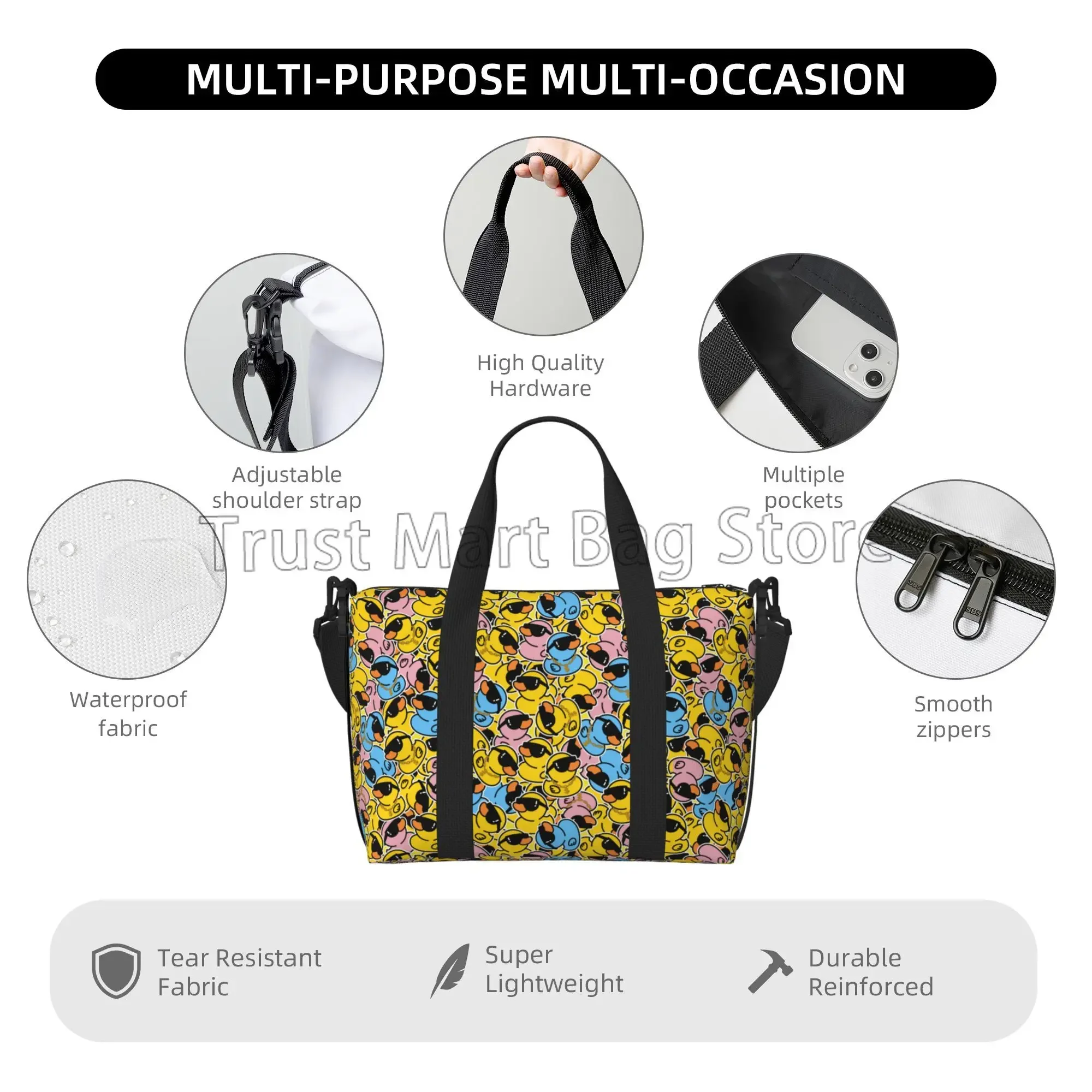 Cute Rubber Cartoon Duck Print Travel Duffel Bags Unisex Waterproof Portable Luggage Tote Bag Overnight Weekender Hand Bag