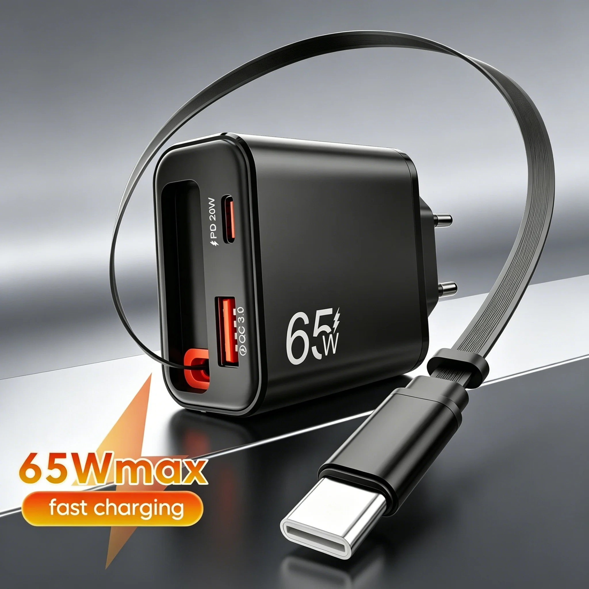 65W Multi Port USB PD QC3.0 Fast Charger Retractable PD Type C Cable Wall Charger Universal For iPhone 17 16 Xiaomi POCO Samsung