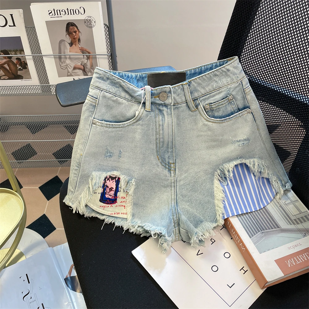 Chic Raw Edge Splicing Cowboy Shorts 2025 New Summer Women's High Waist A-line Super Shorts Leisure Travel Vacation Hot Pants