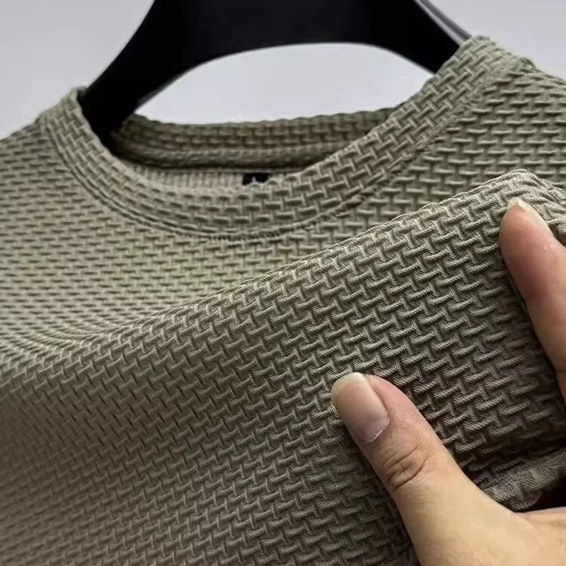 

M-5XL Summer New Men's Round Neck Short Sleeved T-shirt Wrinkle Resistant And Breathable Top Texture Fabric Leisure Versatile